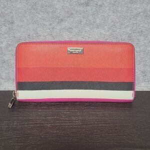 EUC Kate Spade Bold Color Striped Zip-around Wallet Red Pink Black White Leather